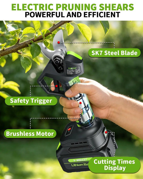 Electric pruning shears with SK7 steel blade, safety trigger, and brushless motor from 4 In 1 Pole Saw And Electric Pruning Shears Kit