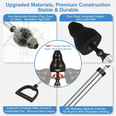 Heavy Duty Toilet Plunger And High Pressure Drain Gun With Pipe Auger Set To Kick Stubborn Clogs Fast, features ergonomic handle and flexible head.