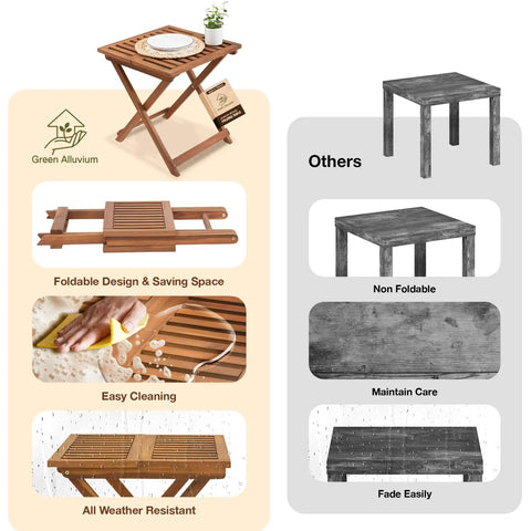 Diagram comparing features of Folding Wooden Side Table, Portable And No Assembly Needed with non-foldable tables.