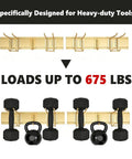 33 Inch Wall Mounted Garage Tool Rack With 2 Panels And 6 Heavy Duty Hooks 675 Lb Capacity Adjustable Rails For Shovels And Yard Tools Durable Shed Organizer In Gold Finish with weights on rack