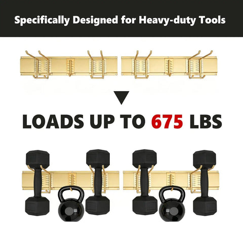 33 Inch Wall Mounted Garage Tool Rack With 2 Panels And 6 Heavy Duty Hooks 675 Lb Capacity Adjustable Rails For Shovels And Yard Tools Durable Shed Organizer In Gold Finish with weights on rack