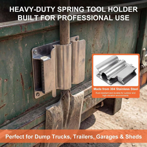 Spring Loaded Stainless Steel Shovel Holder Built For Heavy Duty Tool Racks On Dump Trucks Trailers Garages And Sheds