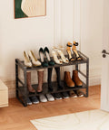 Expandable Shoe Rack Closet Organizer With Heavy Duty Metal Framework And Adjustable Stackable Shelves For Entryway Garage RV Pantry Or Cabinet Large Size 1 Pack Black with shoes displayed on it in a living room setting.
