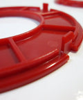 Close-up of precision router table insert ring set featuring workhorse grade 97 millimeter diameter heavy duty aluminum.
