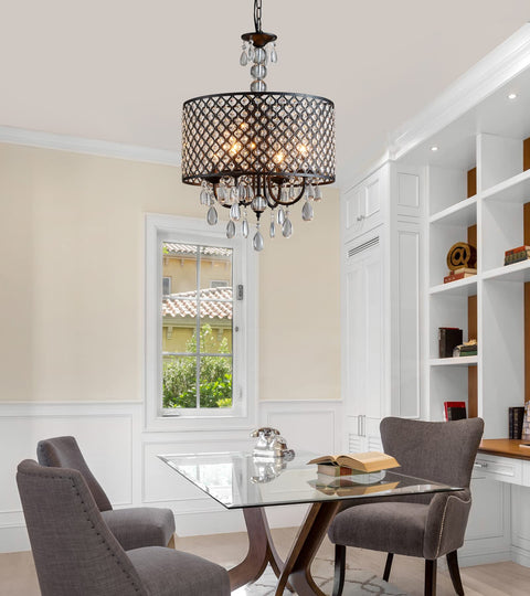 Antique Black Hanging Pendant Light With Crystal Drum Shade, Four Light Farmhouse Chandelier in a modern dining room.