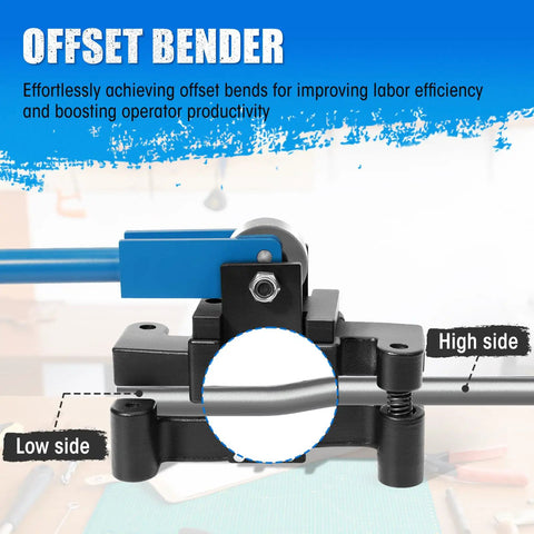 SDSNTE 2-In-1 Conduit Offset Bender For 1/2 Inch And Three Quarter EMT Electrician Grade Box Breaker Tool Quick Swap Design showing low and high offset sides.