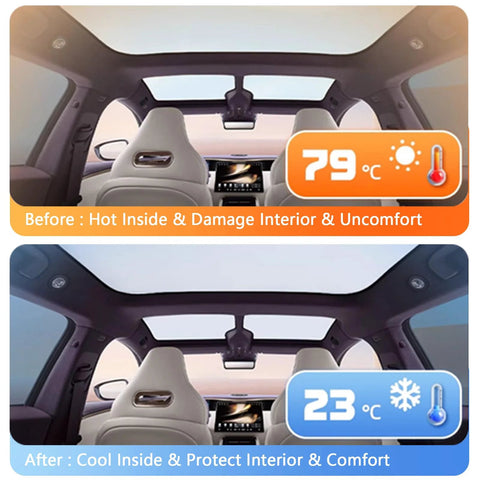 Fannasi roof sunshade for Tesla Model 3; full-coverage sunroof shade with before/after interior cooling panels