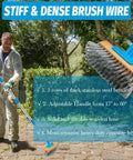 Heavy Duty Deck Scrub Brush With 60 Inch Long Handle For Moss Removal On Rough Surfaces Stainless Steel Wire Bristles in use