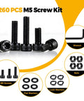 260 Piece M5 Screw Kit With Bolts Nuts Washers And Hardware Set, 12.9 Alloy Steel Plated Hex Socket Head Screws M5 Lengths 8 10 12 16 20 25 30 35mm, Durable Fastener Organizer For DIY Projects displayed