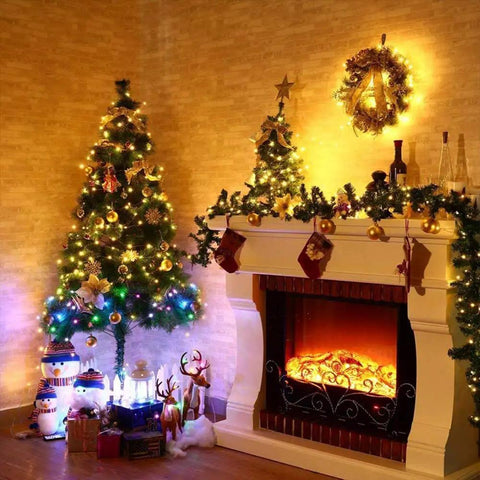 164ft LED String Lights With 500 LEDs illuminating a Christmas tree and fireplace decor in a cozy room