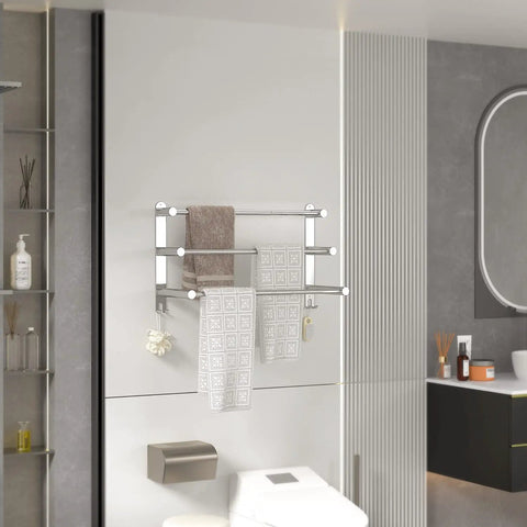 Retractable 17 To 31 Inch Towel Rack With Hooks Three Tier Wall Mount Shelf Bar In SUS304 Stainless Steel in modern bathroom