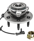 4x4 Front Wheel Bearing Hub And CV Axle Nut Replacement Kit For Chevy GMC Silverado Sierra Express Savana 1500 Tahoe Yukon Includes Front Left And Right Hubs 6 Bolt ABS Sensor Ready 2 Piece Set showing hub with ABS sensor and axle nut