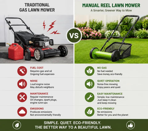 12 Inch Manual Reel Lawn Mower With 5 Blade Cutting System And Grass Catcher Bag, No Gas Or Electricity Needed, Lightweight Hand Push Grass Cutter For Small Yards And Gardens, Adjustable Height For Neat Eco Friendly Lawn Care. manual reel mower compared to gas mower