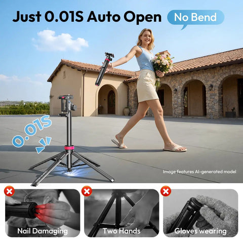 Auto Pop Open Phone Tripod With Remote and 59 Inch Selfie Stick open on patio with dual mount, 360-degree ball head, vlogging setup.