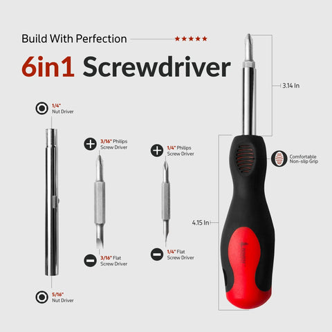Six In One Screwdriver Set Grab And Go With Non Slip Grip Built In Bit Holder And Nut Driver For Multipurpose Use Including Phillips And Slotted Bits In High Quality Steel