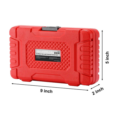 Torx Bit And Socket Set 25 Piece With 13 Star Bits T8 To T60 And 12 E Torx Sockets E4 To E22 Hardcore CRV Steel in red case