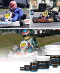 Kart racing scenes with Heavy Duty Metal Polish Paste 4.5 Oz For Aluminum, Chrome, And Stainless Steel products displayed in the foreground.