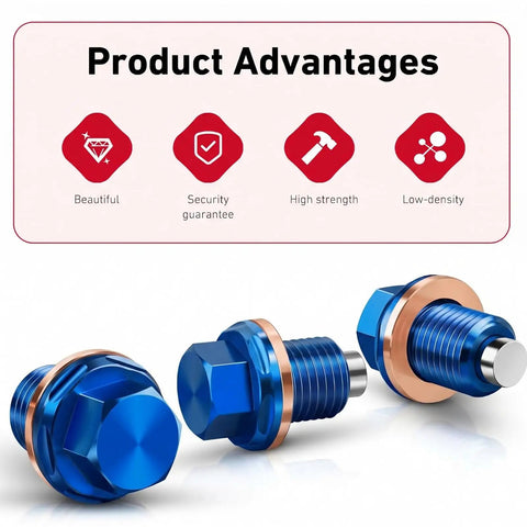 Upgrade Your Ride With This Sweet Blue M14 Aluminum Oil Drain Plug Featuring A Magnetic Catcher For Clean Engine Oil And A CNC Machined Anti Leak Gasket Kit That Works Perfectly As A Universal Fit For Most Cars And Trucks To Keep Your Motor Running. Blue M14 aluminum oil drain plug with gasket and magnetic tip