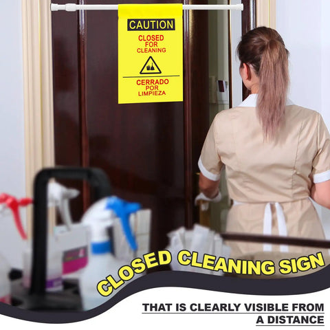 Double Sided Restroom Closed For Cleaning Sign With Telescopic Stand And High Viz Yellow Panel Bilingual English Spanish Floor Board For Quick No Sweat Setup And Everyday Janitorial Jobs on a door.