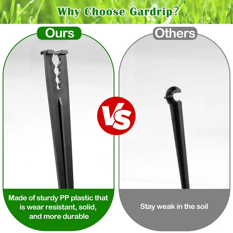 Comparison of 100 Pack Drip Irrigation Stakes For One Quarter Inch Tubing made of sturdy PP plastic with another stake.