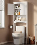 Premium Over The Toilet Storage Cabinet Featuring Adjustable Solid Wood Shelves And Deep Storage Bins For Rolls And Towels In A Sleek White Bathroom Organizer, displayed with toiletries and towels.