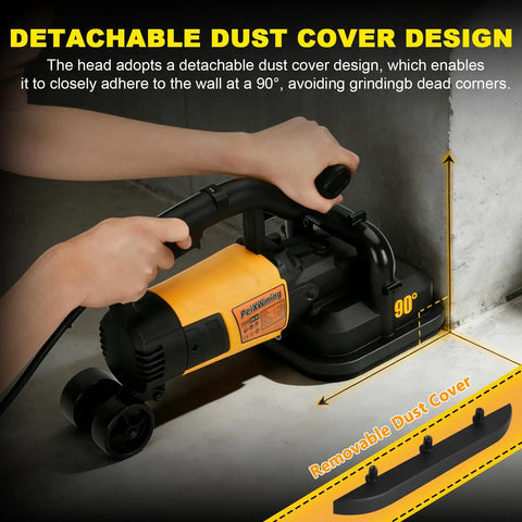 Four Head Concrete Grinder Set With Long Handle 4 Inch Diamond Wheels 3800W High Power 0 To 6000 RPM Concrete Floor Grinder Dust Extraction Shroud Auxiliary Wheels For Fast Concrete Cement Marble Grinding with detachable dust cover shown in use at 90-degree angle.