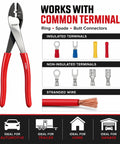 Built Tough Heavy Duty Wire Crimpers And Cutter For 10 To 22 Awg Terminals, shown with various terminal types and uses.