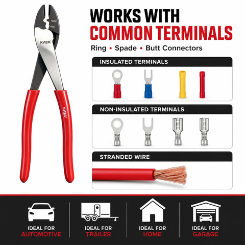Built Tough Heavy Duty Wire Crimpers And Cutter For 10 To 22 Awg Terminals, shown with various terminal types and uses.
