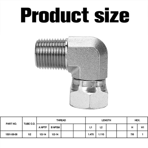 Heavy Duty Hydraulic Fitting Half Inch Male NPTF To Half Inch NPSM Female Swivel 90 Degree Elbow SAE Pipe Joint Connector Built To Last Forged Carbon Steel Hose Adapter For Hydraulic Systems, 1/2 inch