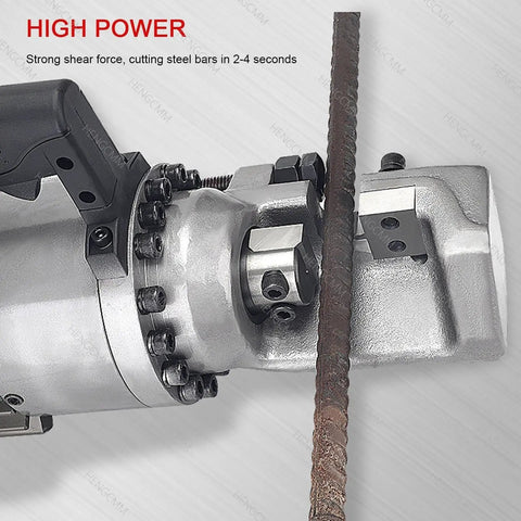 Heavy-Duty Electric Hydraulic Rebar Cutter For Steel Bars Up To 22 Mm, close-up showing cutting mechanism and steel rod.
