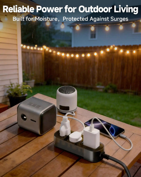 Outdoor Weatherproof Power Strip With 3 Outlets, 5 Foot Cord, 1625W High Power, IPX6 Waterproof, in backyard setup