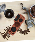 Sturdy Wooden Espresso Tamper Station Featuring Slick Portafilter Holder And Compact Coffee Organizer To Keep Your Kitchen Counter Looking Fresh And Totally Built For The Morning Rush, shown with coffee beans and brewing equipment.