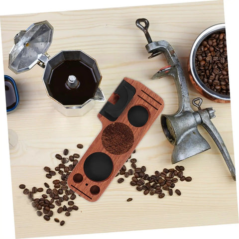 Sturdy Wooden Espresso Tamper Station Featuring Slick Portafilter Holder And Compact Coffee Organizer To Keep Your Kitchen Counter Looking Fresh And Totally Built For The Morning Rush, shown with coffee beans and brewing equipment.