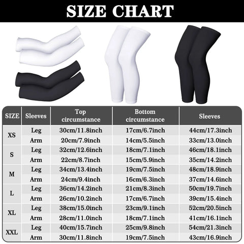 Size chart for two pairs compression full length leg sleeves and two pairs sunscreen arm sleeves set for men and women black and white X small breathable sports gear for football and workouts.