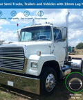 White semi truck featured with 20 Pack Lug Nut Covers For Semi Trucks And Trailers 33mm And Three And A Half Inch Thread On Flat Top Cylinder Caps ABS Chrome Plastic Anti Rust Screw On High Gloss Finish Durable Chrome Lug Nut Caps For Heavy Duty Wheels