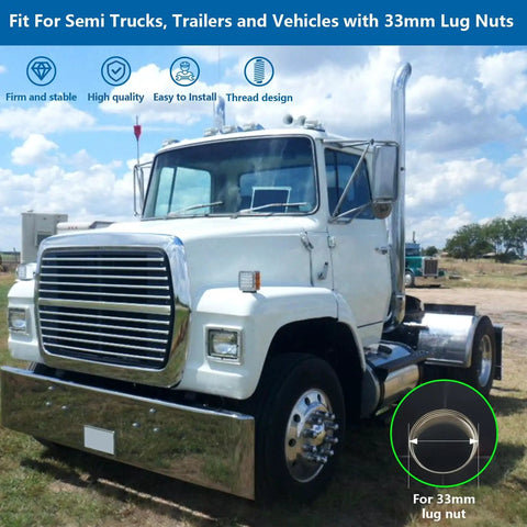 White semi truck featured with 20 Pack Lug Nut Covers For Semi Trucks And Trailers 33mm And Three And A Half Inch Thread On Flat Top Cylinder Caps ABS Chrome Plastic Anti Rust Screw On High Gloss Finish Durable Chrome Lug Nut Caps For Heavy Duty Wheels