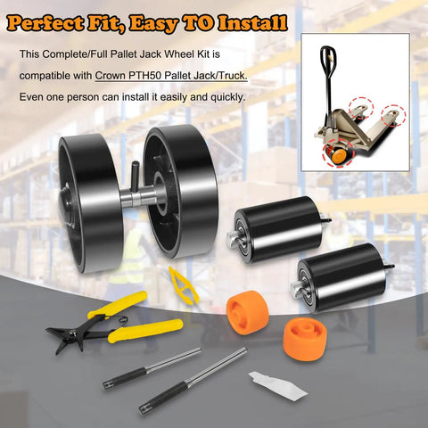 Pallet Jack Wheel Replacement Kit For PTH50 Forklift Truck, Full Wheel Upgrade With 2 Steering Wheels And 2 Load Wheels, tools shown