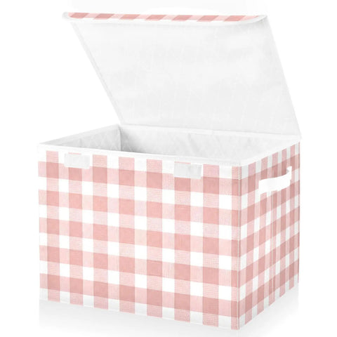 Super Roomy Storage Bins With Lids Generous Folding Closet Organizer Built From Tough Oxford Material Keep Your Everyday Gear Packed Snug For A Clutter Free Home Setup, pink and white checkered fabric box with a hinged lid.