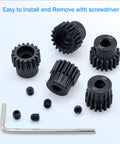 Beefed Up 32P Pinion Gear Set For RC Cars 15T 16T 17T 18T 19T With 5mm Bore Metal Construction shown with installation tools