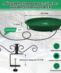 Built Different 100W Heated Bird Bath For Deck Railing With Smart Thermostat, showing adjustable clamp and dimensions.