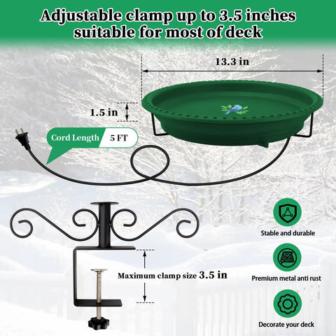 Built Different 100W Heated Bird Bath For Deck Railing With Smart Thermostat, showing adjustable clamp and dimensions.
