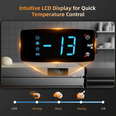 Heavy Duty Three Door Undercounter Freezer With 20.9 Cubic Foot Capacity And Stainless Steel Fan Cooled Worktop digital LCD display showing -13°F.