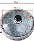Top view of Korean Stone Bowl With Induction Base And Glass Lid, 11 inch thick granite with metal handles for bibimbap and soups.