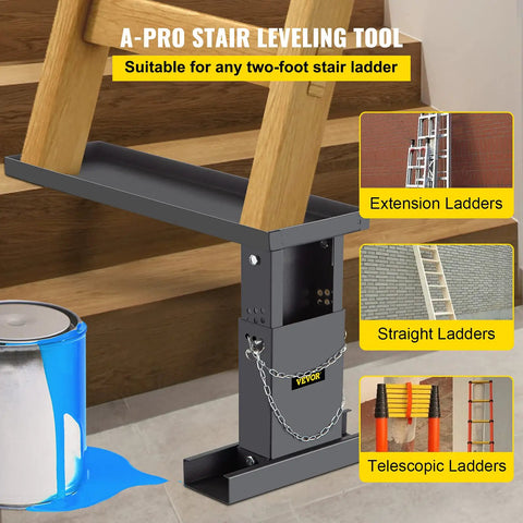 Ladder Extender For Stairs 23.4 By 7.6 Inches, Adjustable Height Range From 12.25 Inches To 19.7 Inches, Steel Leveling Tool, Black Finish