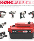 Badass 20V 8.0 Ah Lithium Ion Battery Pack For Porter Cable 20 Volt Max Power Tools, shown with compatible tools.