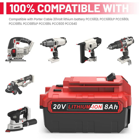 Badass 20V 8.0 Ah Lithium Ion Battery Pack For Porter Cable 20 Volt Max Power Tools, shown with compatible tools.