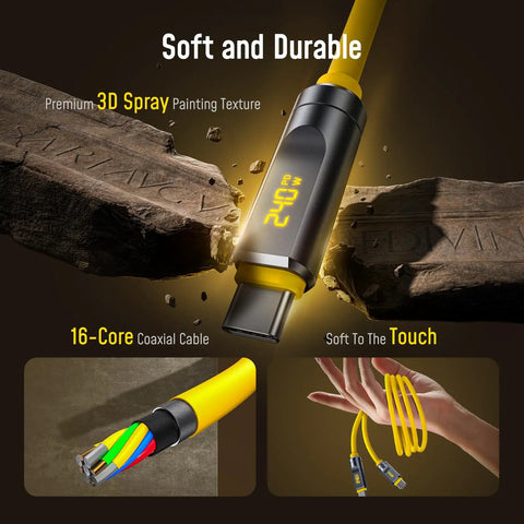 Uber Fast USB4 2.0 Cable With LED Display 6.6ft 240W PD3.1 Fast Charging 80Gbps Data Transfer Dual 8K Video For MacBook Pro iPhone Galaxy SSD Docking Yellow, close-up of yellow cable and LED connector