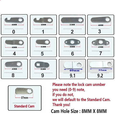 Various cam lock sizes displayed for Keyless Cam Lock For Cabinets And Cupboards, Locking Hardware For Boxes, Lockers, Yachts, Cars, And Bathroom Windows, 30mm DIY MMS469 1 Piece, Easy Install, Smooth Operation, Secure Home And Office Use.
