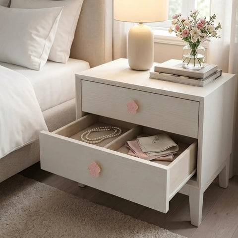 Legit Gorgeous Gold Floral Cabinet Knobs With Sparkling Rhinestone Center 5 Petal Pearlescent Enamel Dresser Pulls Give Your Drawers A Major Glow Up Super Snug Fit Everyday Essentials 4 Pack on white nightstand.