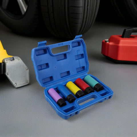 Thick Heavy Duty Wheel Protector Impact Socket Set With Color Coded Sleeves to Stop Lug Wrench From Ruining Your Rims Perfect For Tire Change Projects And Preventing Scuffed Alloys On Any Car Model Out There Right Now, blue case open